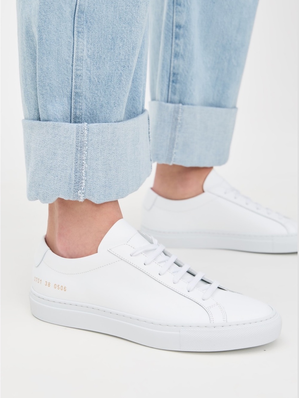 Common Projects Women: White Leather Low-Top Sneakers with Gold Stamped Detail